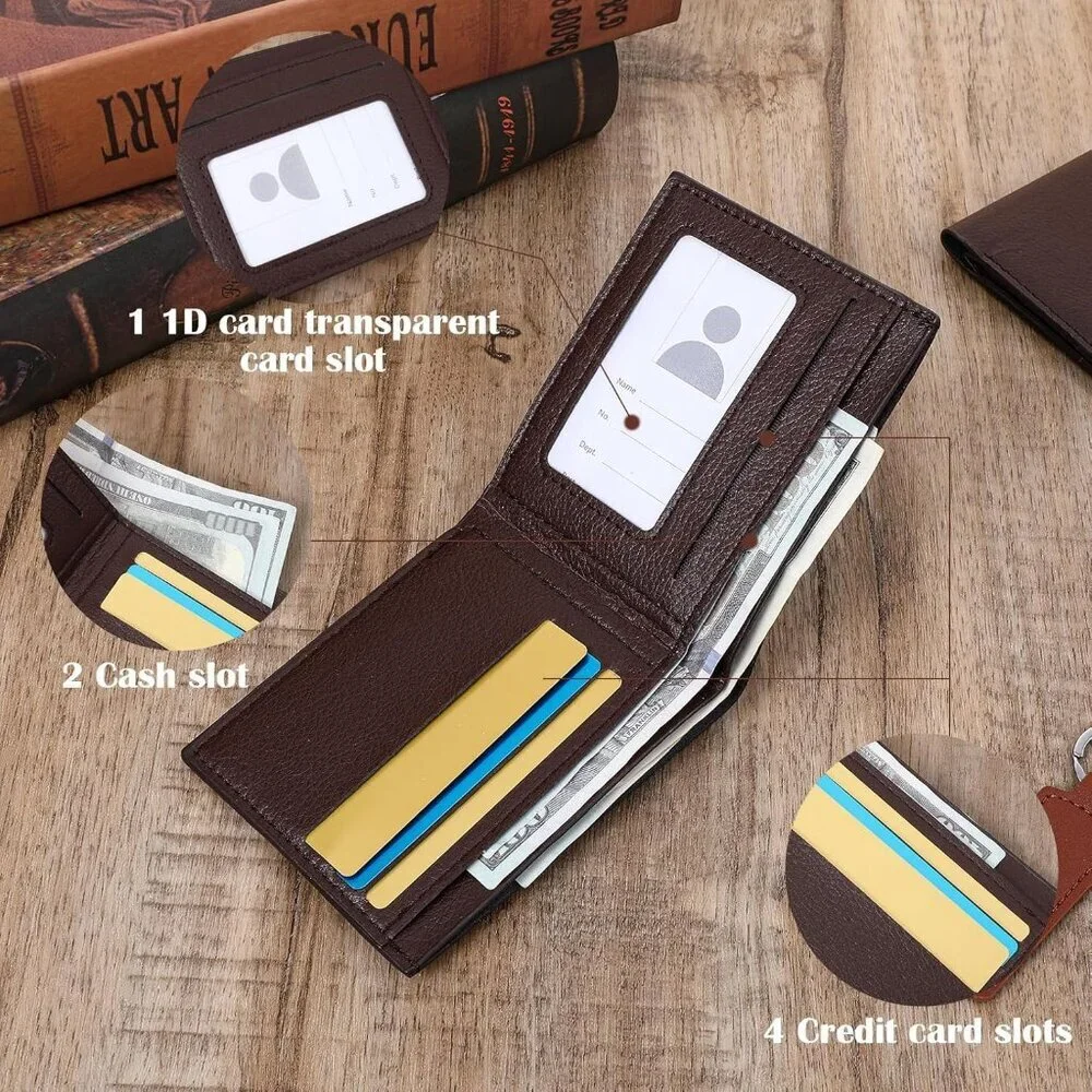 Men's Brown PU Leather Bifold 12 Pcs Wallets Matching 12 Pcs Keychains Design